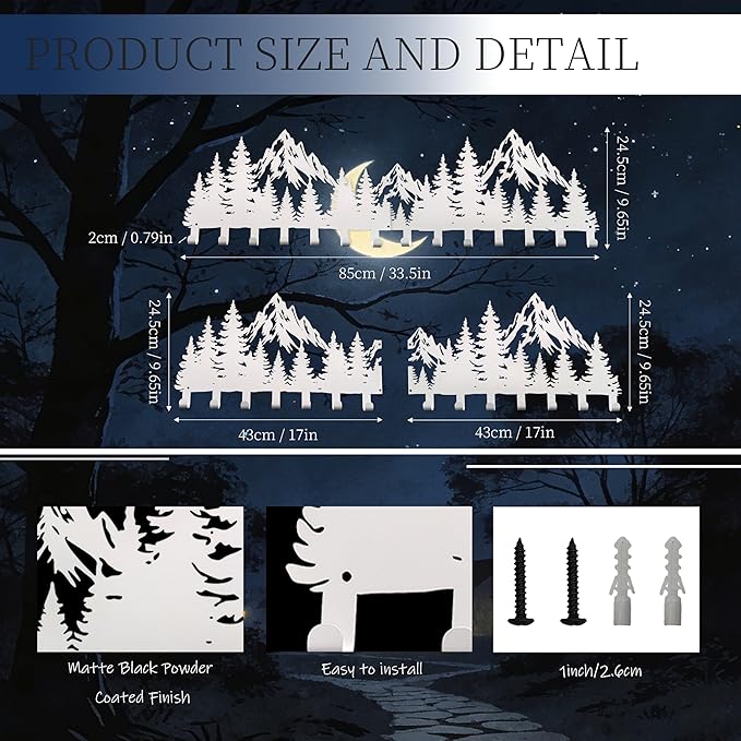 Large White Mountain Wall Mount with 14 Hooks, Decorative Forest Art Wall Hangerfor Cabin Entryway Front Door Bathroom Kitche