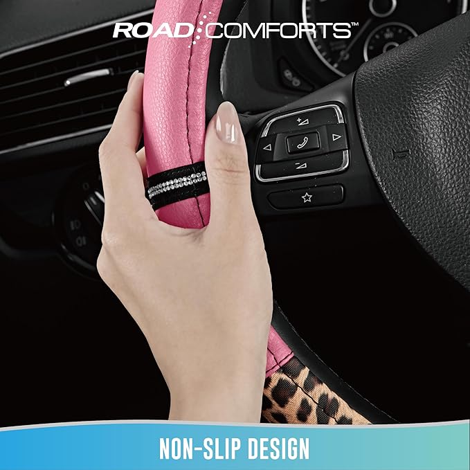 Road Comforts Leopard Steering Wheel Cover for Women, Cute Anti-Slip Microfiber Leather, Universal Fit 14.5-15 Inch Round Ste