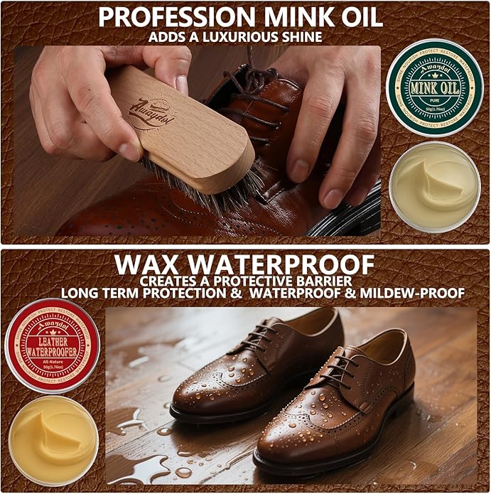 10 PCS Leather Care Kit - Horsehair Brushes,Saddle Soap,Waterproofing Wax,Mink Oil Conditioner,Polishing Cloth,Microfiber clo