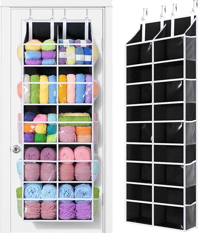 Yecaye 80lb Clear Door Hanging Yarn Storage Organizer, 10 Large Plastic Pockets & 10 Mesh Pockets Over The Door Crochet Organ