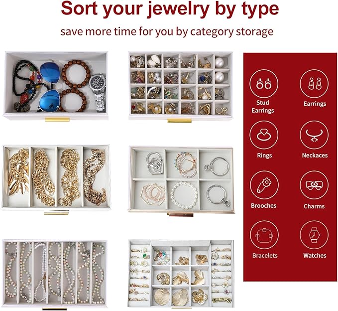 BOOVO Jewelry Boxes for Women, White and Black 6 Layer Large Jewelry Box for Necklace, Bracelet, Earrings, Rings Storage, Jew