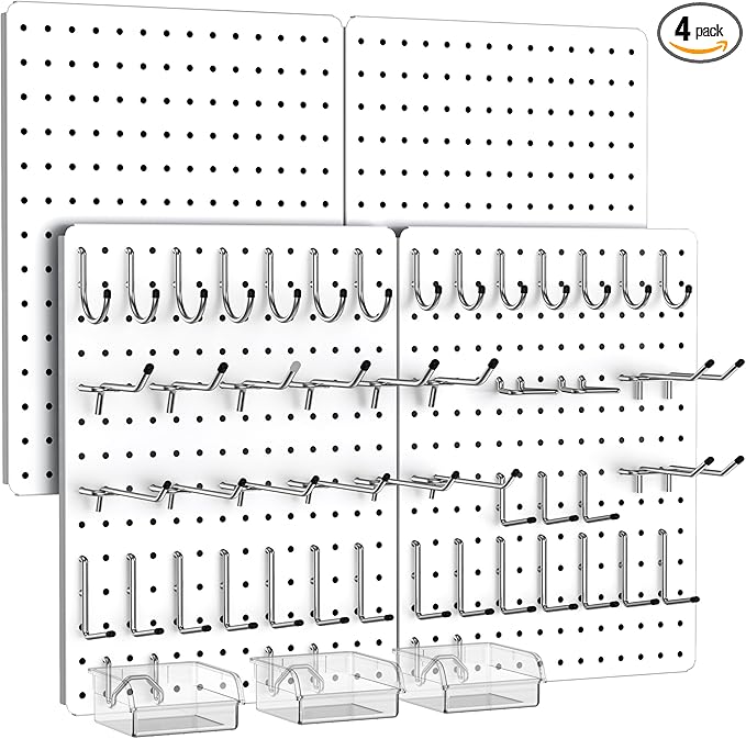 Peg Board, 110pcs Metal Pegboard Kit, Includes 4 Pack White Peg Board Panels with Accessories and Hook Locks, Large Heavy Dut