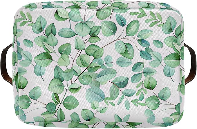 xigua Green Leaves Storage Basket Collapsible Storage Bins Waterproof Canvas Storage Basket with Leather Handles for Home Clo