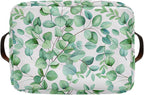 xigua Green Leaves Storage Basket Collapsible Storage Bins Waterproof Canvas Storage Basket with Leather Handles for Home Clo
