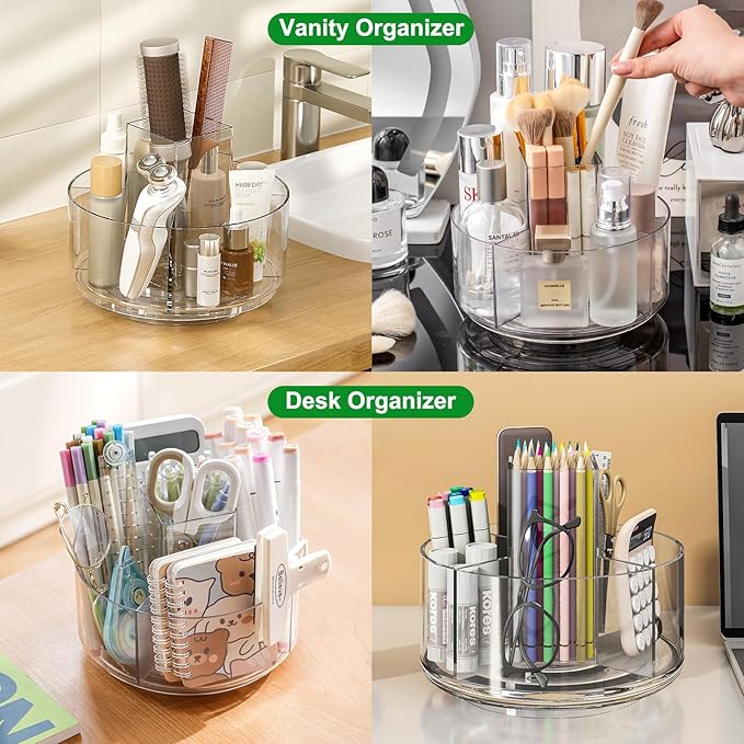 Taiuloo 360 Rotating Makeup Organizer, Lazy Susan Cosmetics Storage Turntable, Round Spinning Brush & Pen Holder, Clear Acryl