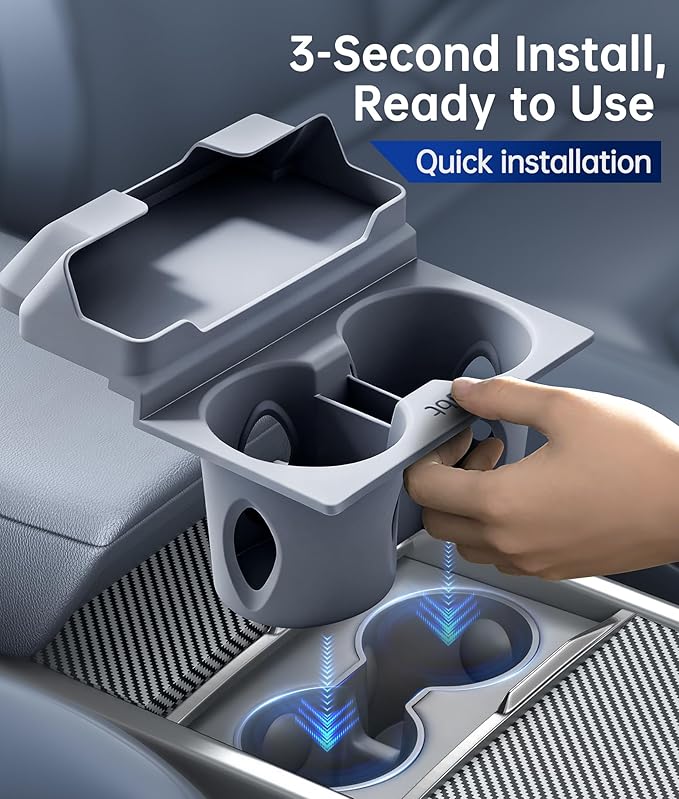 for Tesla Cup Holder Insert, 2-in-1 for Model Y Juniper(2025/2026)& Model 3 Highland(2024/2025) with Storage Compartment - Gr