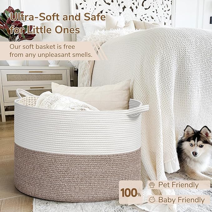 INDRESSME 115L Extra Large Blanket Basket, Soft Cotton Rope Storage Basket for Organizing, Home Decor, Toys, Laundry & Towels