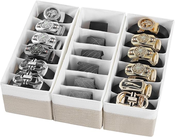 3 Packs Fabric Belt Organizer, 6 Grids Belt Organizer for Closet and Drawer, Foldable Dresser Drawer Organizers,Tie Storage -