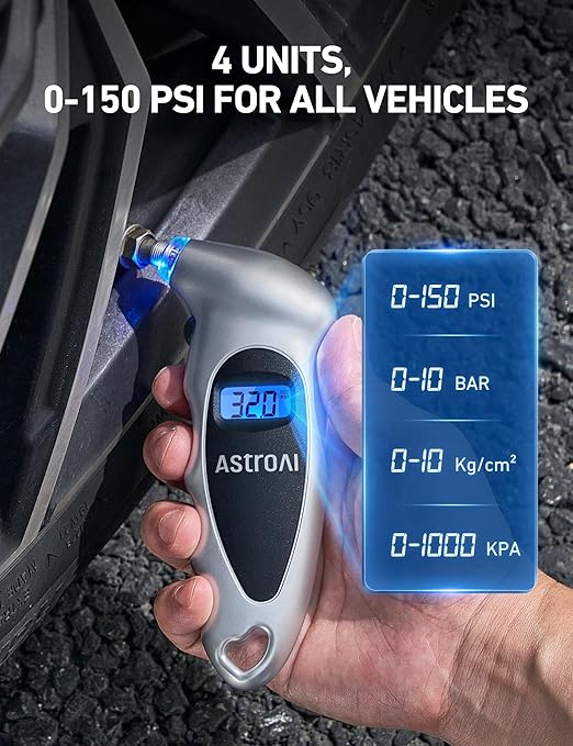 AstroAI Digital Tire Pressure Gauge 0-150PSI Calibrated to ANSI B40.7 +/-1PSI, 4 Units for Car Truck Bicycle with Backlight LCD and Presta Valve Adaptor, Sliver, 4Pack