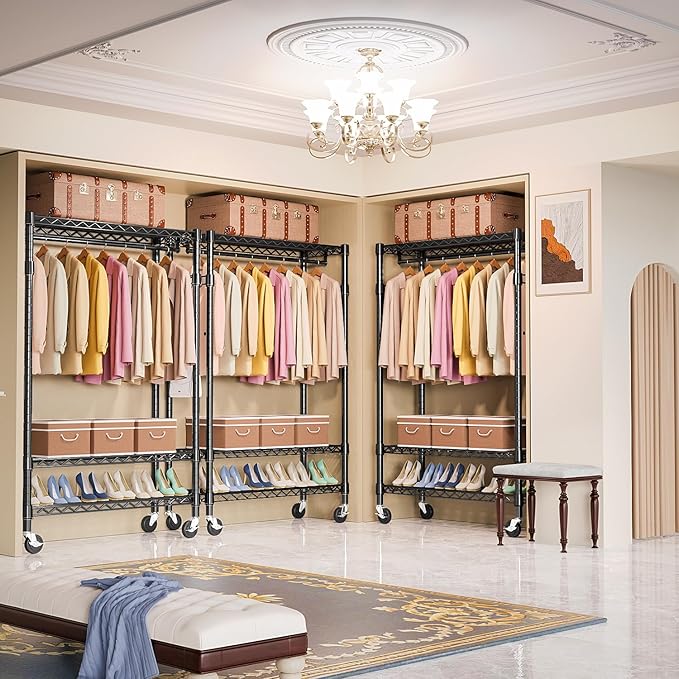 M MZG Heavy Duty Rolling Garment Rack 3 Tiers Adjustable Wire Shelving Clothes Rack with Rods and Side Hooks,Storage Closet C