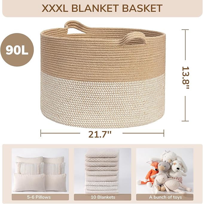 INDRESSME Extra Large Woven Baskets for Storage, 21.7'' x 13.8'' Wicker Basket with Handle for Blankets, Big Laundry Baskets 