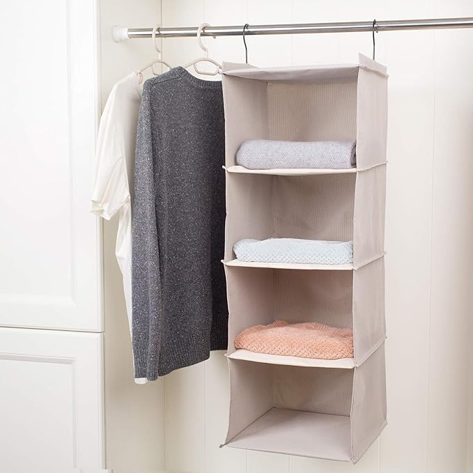 Hanging Closet Organizer and Storage, Foldable 4-Shelf Wardrobe Clothes Shelves Organizer, Imitation Linen Fabric, Beige Houn