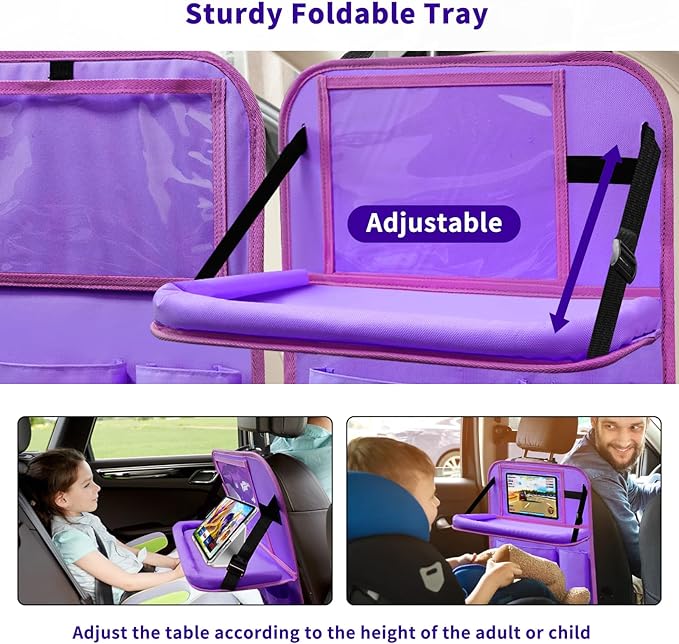 Car Seat Back Organizer Table Tray, Car Seat Storage Organizer for Kids with Foldable Tablet Holder, 6 Storage Pockets Kick Mats 600D Oxford, 2 Pack Purple