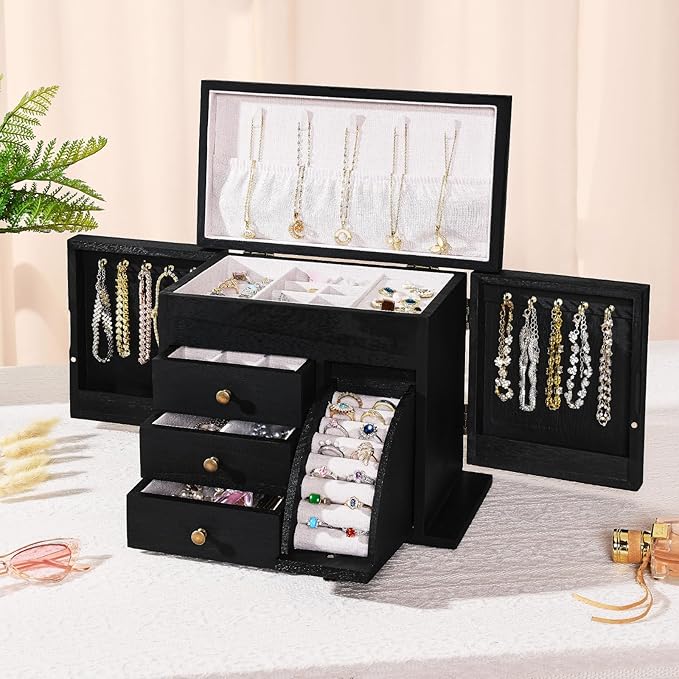 Poyilooo Jewelry Box Organizer, Solid Wood Jewelry Boxes for Women, Double Layer Jewelry Organizer Box Display Earring Neckla