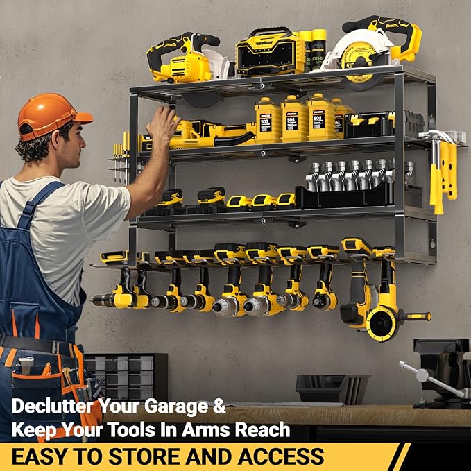 YYR Large Power Tool Organizer Wall Mount, Heavy Duty Metal Cordless Drill Storage Rack with Battery Charging Station Shelf, 