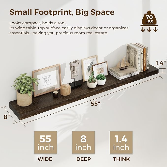 55 Inch Floating Shelves for Wall, Solid Elm Wood Wall Shelf for Home Decor, 8 Inch Deep Floating Shelf for Storage, 55 x 8 W
