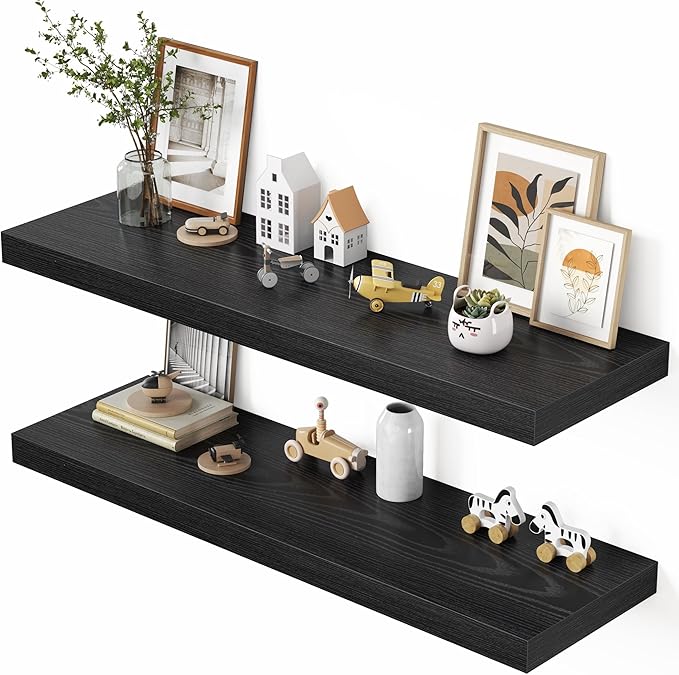 Dreamland 48" Floating Shelves for Wall, 12" Deep Thicker Black Floating Shelves, Wall-Mounted Shelves for Bedroom, Living Ro
