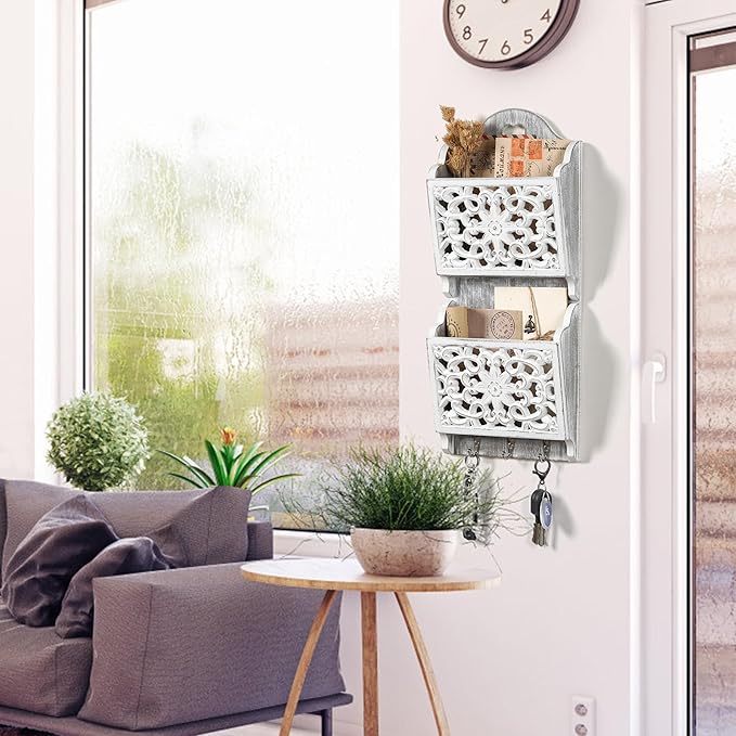 Key and Mail Holder for Wall Mail Holder for Wall, 2-Slot Mails Organizer with 3 Hooks, Key Hangers Rustic Wooden Walls Organ