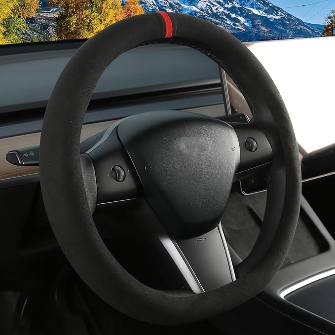 Suede Steering Wheel Cover for Tesla Model 3/Y, Anti Heat, Breathable, Anti-Slip,Leather Steering Wheel Cover 14-14 1/4 in (35.5-36 cm) (Black 01 with Red Mark)