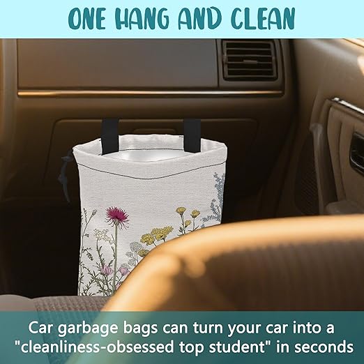 Car Garbage Bag Vintage Botanical Wildflowers Drawstring Car Trash Bag Hanging for Back Seat with Adjustable Buckle Canvas Vehicle Trash Can Easy-to-Install