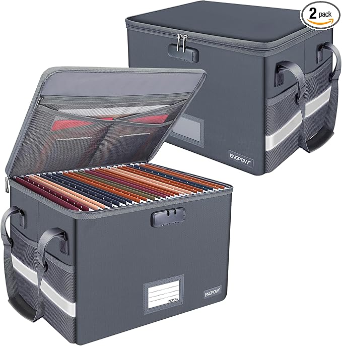 ENGPOW File Box with Lock, Fireproof Document Box with Pockets, Collapsible File Organizer Filing Storage Cabinet with Handle