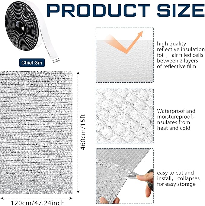Frienda Rv Window Reflective Insulation Roll 47.2inch*15ft Double Aluminum Foil Heat Bubble Thermal Window Shade Door Cover Blackout for Garage Roof Travel Camper Skylight Shield