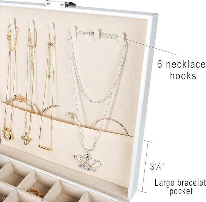Frebeauty Earring Organizer Classic Jewelry Box 50 Slots Double Layer Jewelry Storage Case with 6 Necklace Hook and Bracelet 