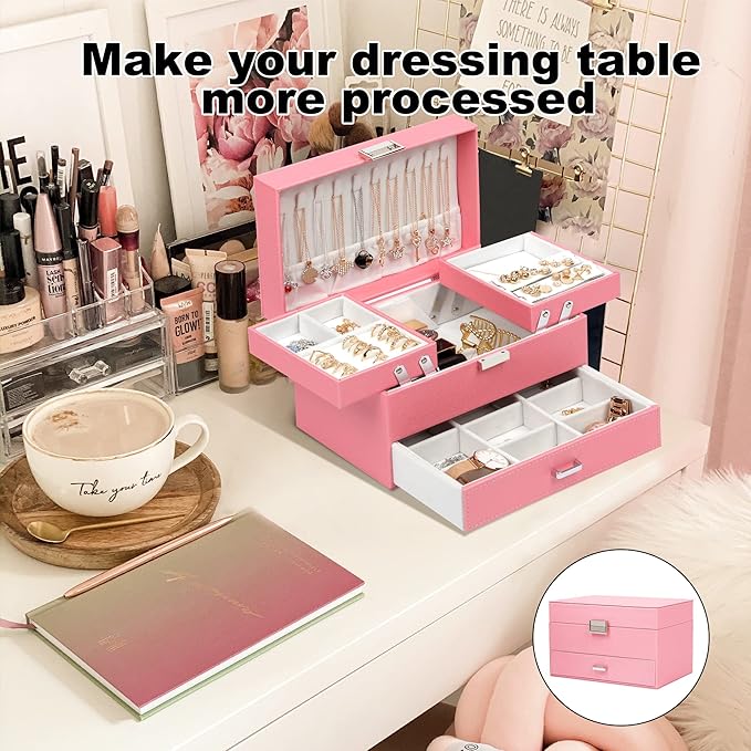 Dajasan Jewelry Organizer Box, Large Jewelry Boxes for Women Girls, Space-Saving 3 Layers Jewelry Storage Case with Drawer, G