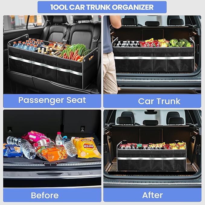 Car Trunk Organizer, Car Storage Organizer, Collapsible Multi Compartment for Car, Suv, Sedan, Truck, 100L, Extra Larger