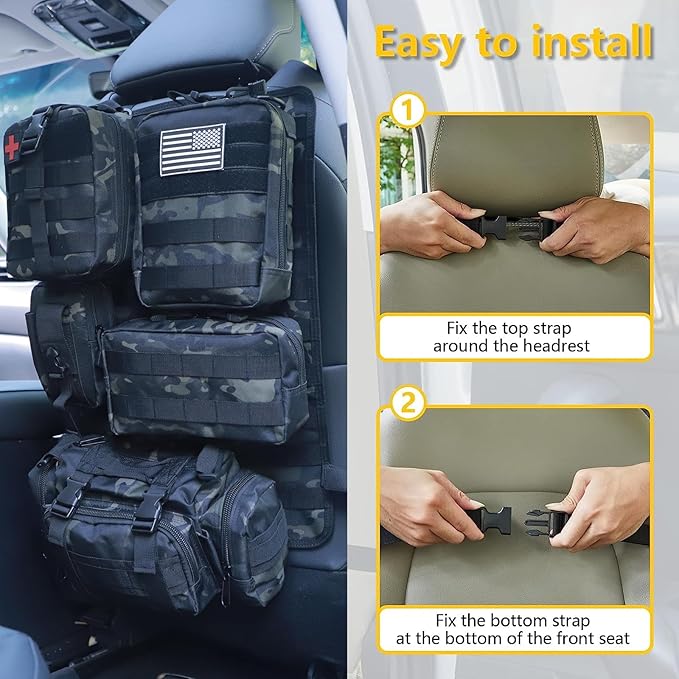 Universal Tactical Car Seat Back Organizer Bag Tactical Molle Vehicle Organizers Panel Vehicle Protector Organizers with 5 Detachable Pouches for Car (Black camo)