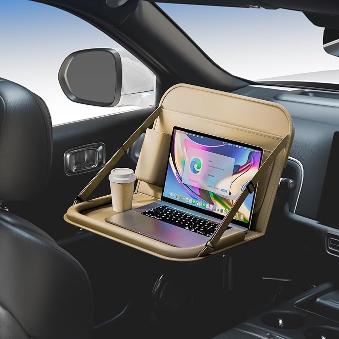 GMQ Backseat Car Organizer with Detachable Steering Wheel Tray 1 Pack,Car Back Seat Laptop Desk, Multifunctional Food Tray,Back Seat Car Storage & Tablet Holder for Kids (Beige, 1PC)