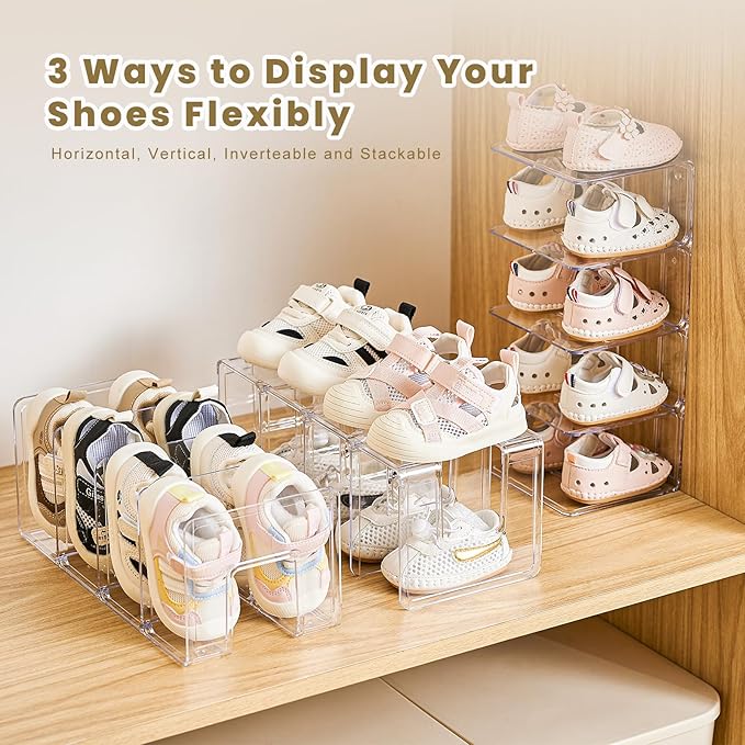 Clear Acrylic Kids Shoe Rack for Closet Organizers and Storage | 4 Pack Small Shoe Rack 4 Sections Toddler Baby Shoe Storage 