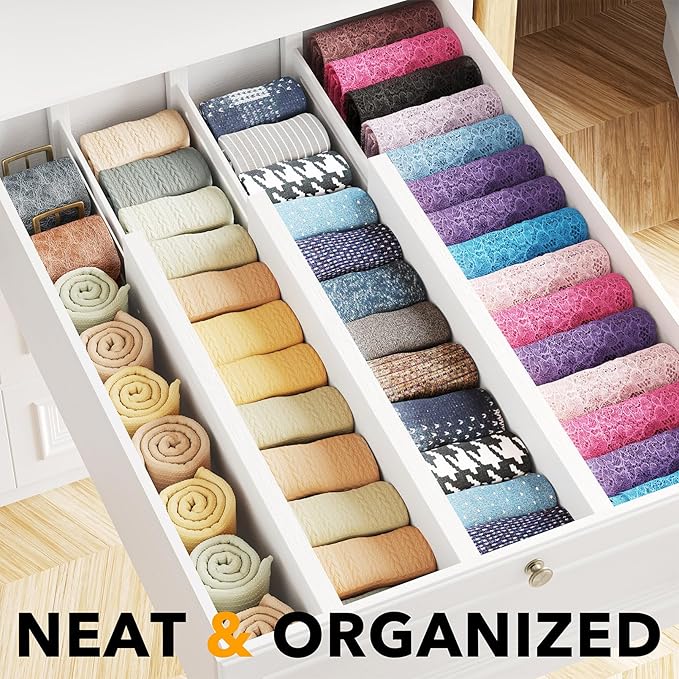 SpaceAid Bamboo Dresser Drawer Dividers 6 Pack, 4.65“ High Adjustable 17“-22” Drawer Organizers, Expandable Organization for 
