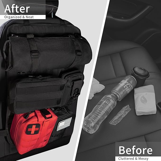 Tactical Car Seat Back Truck Organizer With Detachable MOLLE Pouches Universal for SUV Vehicle Nylon Storage Panel Seat Organizer for Overlanding, Camping & Emergency Gear(6 Pack Black)