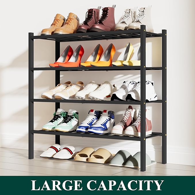 Smiry Shoe Rack, 4 Tier Bamboo Shoe Organizer, Stackable Free Standing Wooden Shoe Storage Shelf for Closet, Entryway, Front 