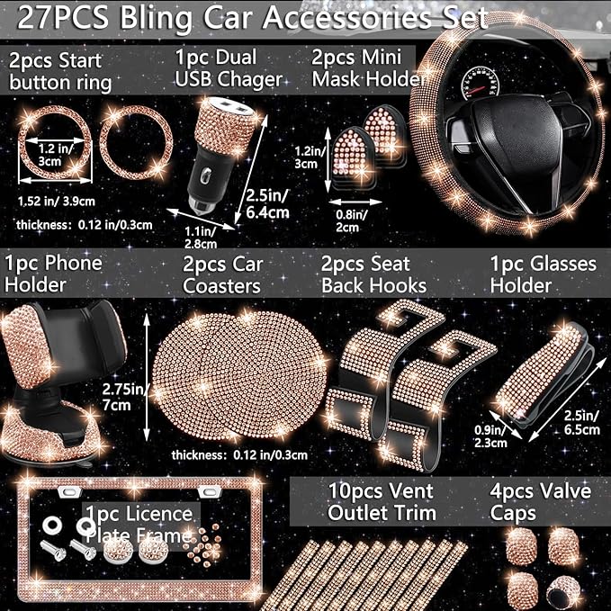 NBTEPEM 27 PCs Gold Champagne Bling Car Accessories Set for Women, Steering Wheel Covers Universal Fit 15 Inch, Bling License Plate Frame, Bling Phone Holder, Bling Car Coasters