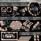 NBTEPEM 27 PCs Gold Champagne Bling Car Accessories Set for Women, Steering Wheel Covers Universal Fit 15 Inch, Bling License Plate Frame, Bling Phone Holder, Bling Car Coasters