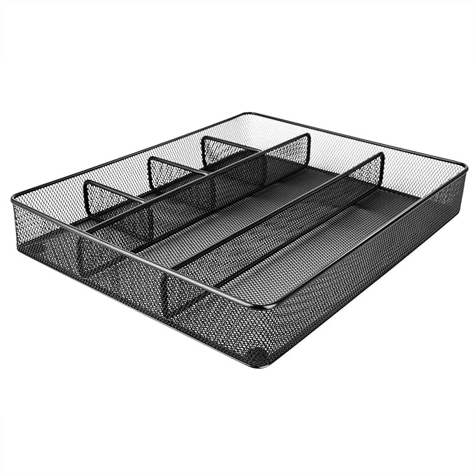 Amazon Basics Metal Mesh Desk Organizer with 6 Compartments, Anti-Slip Pen Holder Storage Tray for Office Supplies and Home, 