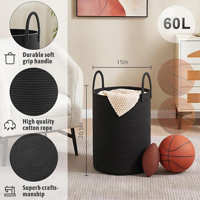 Artfeel Laundry Basket,Woven Cotton Rope Laundry Hamper,60L for Decorative Storage of Dirty Clothes,Toys and Blankets in Bath