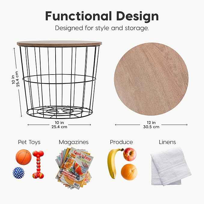 IRIS USA Round Wire Basket with Wooden Lid, 2 Pack, Potato Onion Vegetable Storage, Nestable Storage Bins, Water Resistant Su