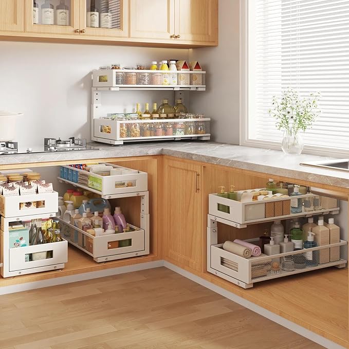 2 Packs 21IN Depth Under Sink Organizer, 2-Tier Pull Out Cabinet Organizer With Smooth Circular Rail, Large Capacity Metal Me