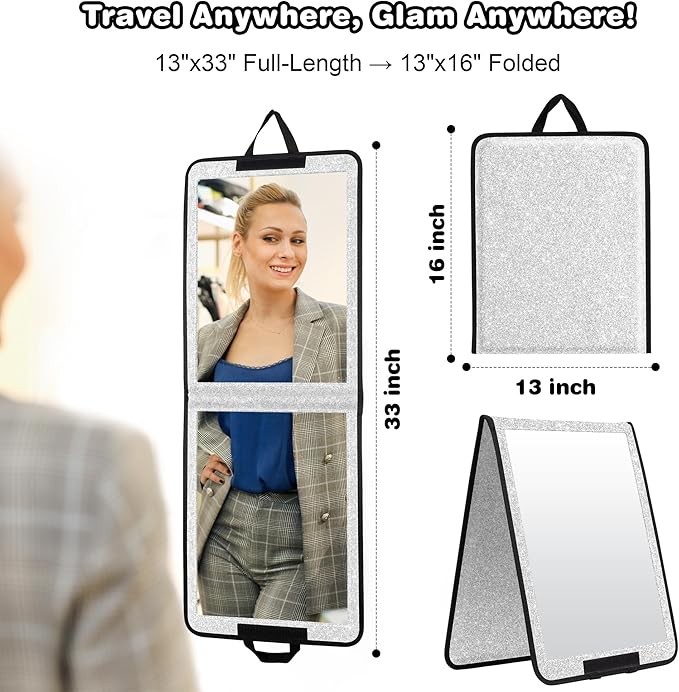 LPHUMEX Foldable Full Length Mirror Glitter Silver, 13x33 Portable Body Mirror for Travel, Dance, Festival