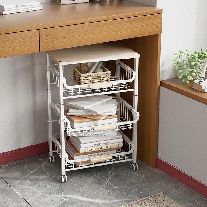 NiuYichee 4-Layer Fruit Basket Kitchen Food Storage Organizer and Storage Rack, Stackable Storage cart with Desktop, Pull-Out