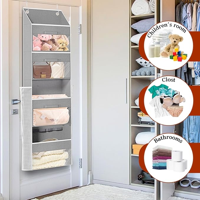 Light Grey Over Door Wrapping Paper Organizer Storage with 3 Removable Drawers & Side Pockets –Dual Use Design with Elastic S