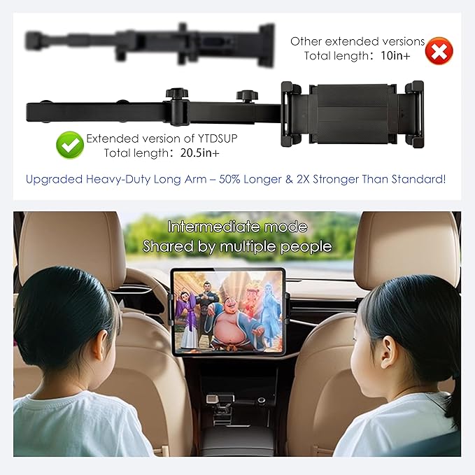 2026 Tablet Holder for Car Headrest [3 in 1 Sturdy Upgrade Extension Arm] 360° Rotating Adjustable for ipad Headrest Mount, for Most Tablets/Phones, Fit Larger Tablet (Short Side ≤11") - Black