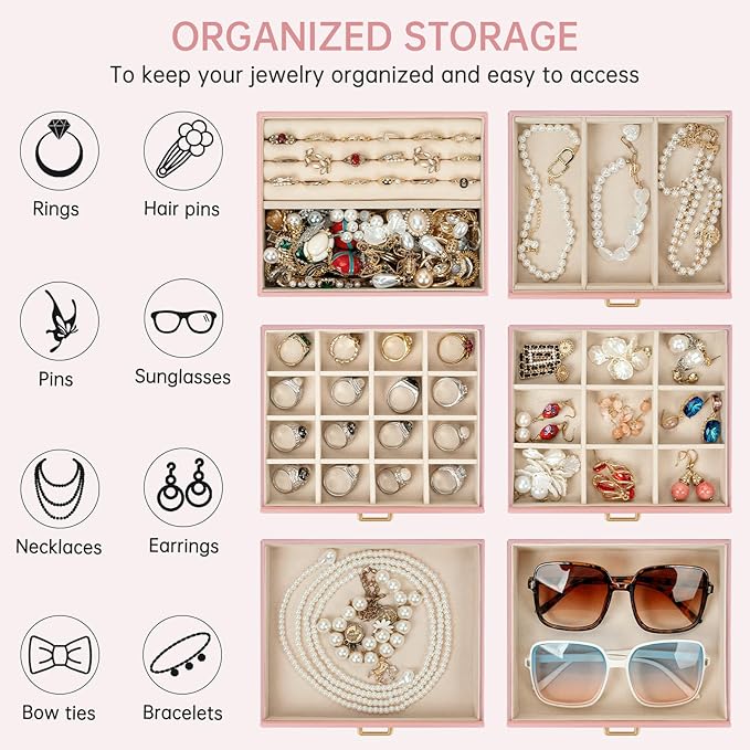 AKOZLIN 6-Tier Jewelry Box Organizer Functional 5 Drawers Leather Jewelry Storage Case for Women Girls Ring Necklace Earring 