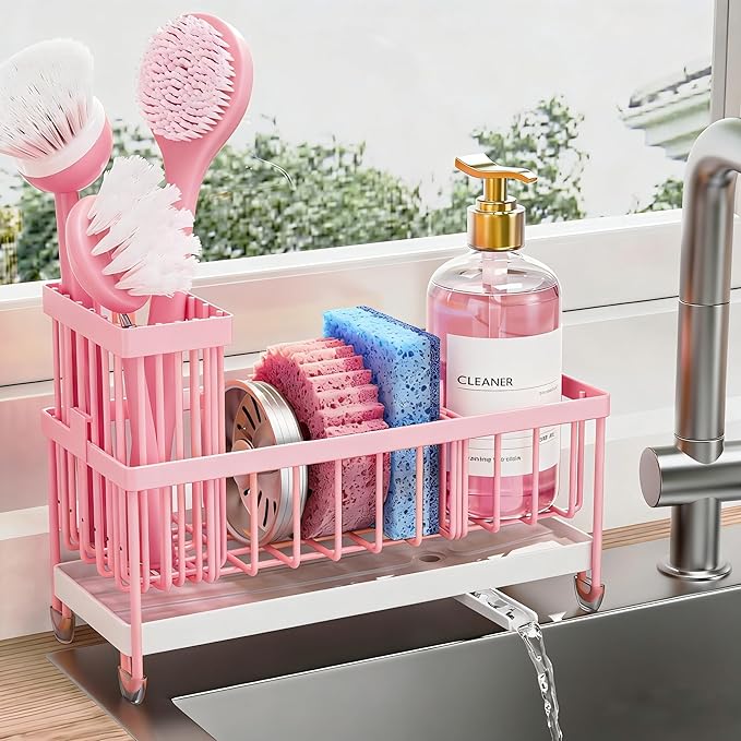 Cisily Sponge Holder for Kitchen Sink, Sink Caddy Organizer with High Brush Holder, Kitchen Countertop Organizers and Storage