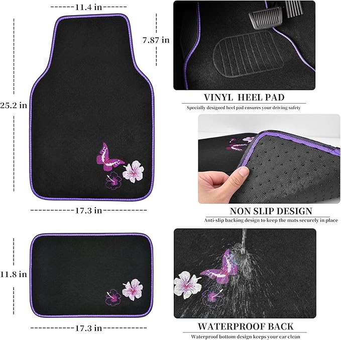 CAR PASS Universal Cloth Butterfly Car Seat Covers Full Set, Embroidered Flower Waterproof Car Floor Mats Carpet, Butterflies