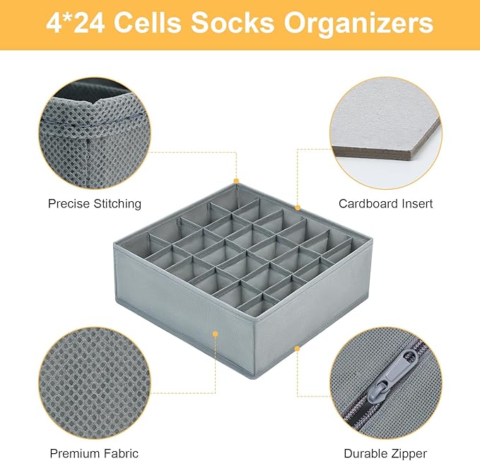 Joyoldelf Sock Drawer Organizer Divider Underwear Organizer 24-cell Fabric Dresser Drawer Organizers Storage Boxes for Socks 