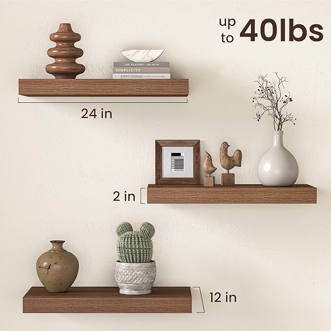 Fun Memories 12 Inch Deep Walnut Floating Shelf, 24 x 12 Rustic Wood Wall Shelf for Books, 2" Thick Deep Floating Shelf for S